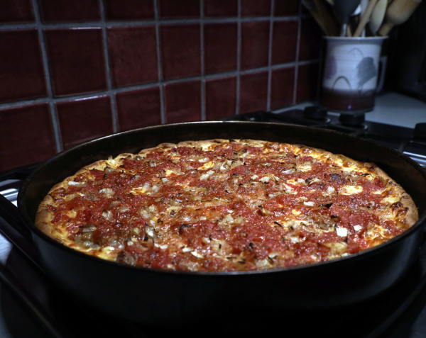 Chicago style Chicago deep dish pizza (Italian sausage and onions), April 29, 2020deep dish pizza, April 29, 2020